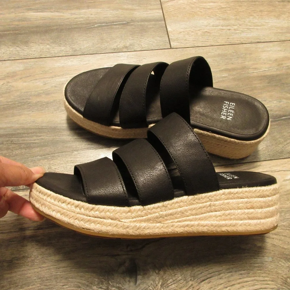 Eileen Fisher Mayla Tumbled Espadrille Sandals 6 Wedge Minimalmist Strappy